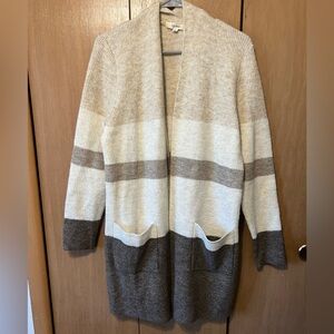 Elegant Women's Striped Cardigan Sweater - Cream and Brown